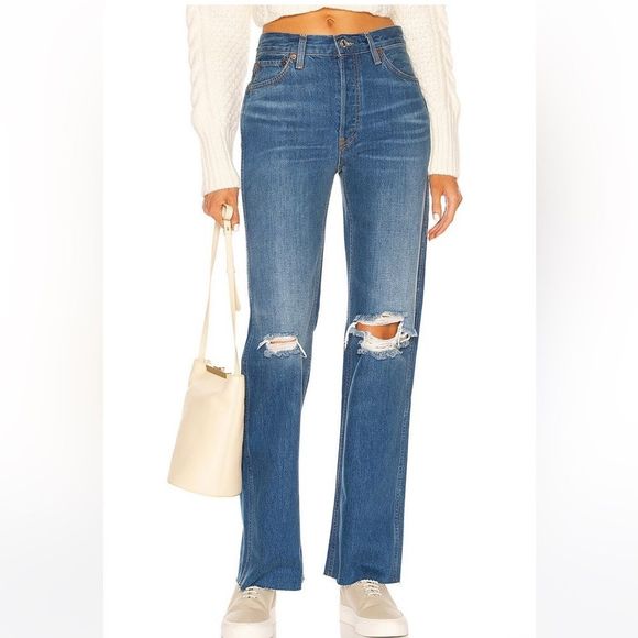 RE/DONE 90s High Rise Loose Jeans Destroyed Broken Blue - Picture 5 of 12